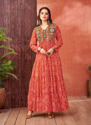 Atrective These Beautiful Looking Navratri Collection Readymade Long Gown.These Gown is Fabricated On Faux Georgette.Its Beautified With Designer Printed With Kutchi Work.