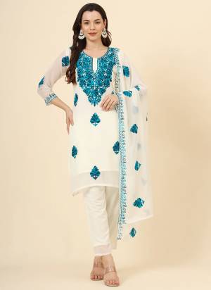 Garb These Beautiful Looking Readymade Suits.These Top And Dupatta Are Georgette And Dupatta Are Crepe Silk Fabricated.Its Beautified With Disigner Lucknowi Chikankari Embroidery Work.