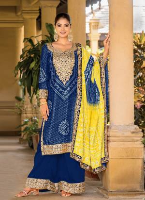 Attrective These Party Wear Plazzo Suit in Fine Colored Pair With Bottom And Dupatta.These Top Are Chinon And Dupatta Are Fabricated On Chinon Pair With Chinon Bottom.Its Beautified With Bandhani Printed With Designer Jari,Mirror Embroidery Work.