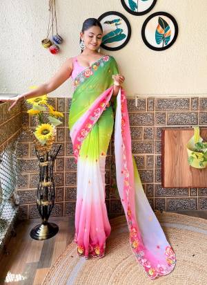 Attrective These Party Wear Saree in Fine Dual Shaded Colored.These Saree Are Georgette And Blouse is Georgette Fabricated.Its Beautified With Pedding Color Printed With Designer Sequance Embroidery Work.