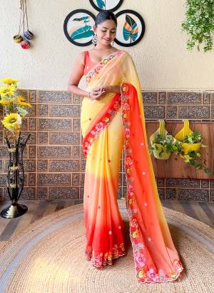 Attrective These Party Wear Saree in Fine Dual Shaded Colored.These Saree Are Georgette And Blouse is Georgette Fabricated.Its Beautified With Pedding Color Printed With Designer Sequance Embroidery Work.