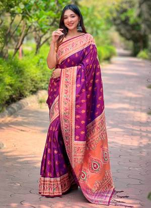 Attrective These Party Wear Saree in Fine Colored.These Saree And Blouse is Fabricated On Paithani Silk.Its Beautified With Weaving Jacquard Meenakari Designer.