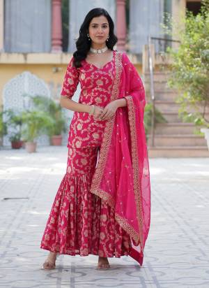 Attrective Looking These Beautiful Looking Readymade Sharara Suits.These Top And Bottom is Fabricated On Viscose Georgette Jacquard And Russion Silk Bottom.Its Beautified With Wevon Jacquard Designer With Embroidery Work.