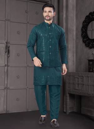 Looking These Party Wear Mans Wear Kutra Payjama With Jacket wearing this fashionable. Tailored Kurta Pajama With Koti On Viscose Fabriced With Designer Thread,Sequance Embroidery Work and fashioned with a banded collar for a dash of style.