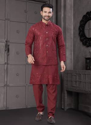 Looking These Party Wear Mans Wear Kutra Payjama With Jacket wearing this fashionable. Tailored Kurta Pajama With Koti On Viscose Fabriced With Designer Thread,Sequance Embroidery Work and fashioned with a banded collar for a dash of style.