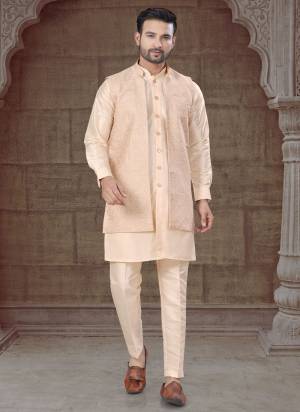 Looking These Party Wear Mans Wear Indo Western Kutra Payjama With Jacket wearing this fashionable. Tailored Kurta Pajama Are Silk And Jacket On Jacquard Fabriced With Wevon Designer Jacket and fashioned with a banded collar for a dash of style.