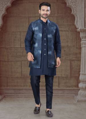 Looking These Party Wear Mans Wear Indo Western Kutra Payjama With Jacket wearing this fashionable. Tailored Kurta Pajama Are Silk And Jacket On Jacquard Fabriced With Wevon Designer Jacket and fashioned with a banded collar for a dash of style.