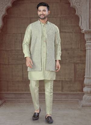 Looking These Party Wear Mans Wear Indo Western Kutra Payjama With Jacket wearing this fashionable. Tailored Kurta Pajama Are Silk And Jacket On Jacquard Fabriced With Wevon Designer Jacket and fashioned with a banded collar for a dash of style.