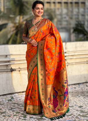 Attrective These Party Wear Saree in Fine Colored.These Saree And Blouse is Fabricated On Soft Silk.Its Beautified With Weaving Jacquard Paithani Meenakari Peacock Designer.
