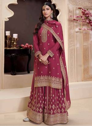 Maroon Colored Palazo Suit is prettified with Embroidery work,Zari And Sequence Work as shown which makes it appear classy. This top is made of Chinon fabric which is accompanied with Chinon Bottom,Santoon Inner and Chinon dupatta. Women can buy this suit to wear for their parties and functions.