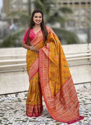 Attractive These Party Wear Saree in Fine Colored.These Saree And Blouse is Fabricated On Patola Silk.Its Beautified With Weaving Meenakari Polka Ikkat Designer.
