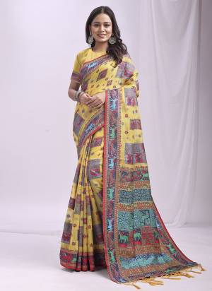 Looking These Fastive Wear Saree in Fine Colored.These Saree And Blouse is Fabricated On Linen Cotton.Its Beautified With Weavon Thread Designer.