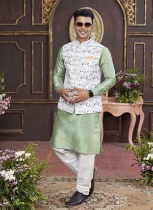 Looking These Party Wear Mans Wear Top Bottom With Jacket wearing this fashionable. Tailored Top Bottom Are Art Silk And Jacket On Faux Satin Fabriced With Solid With Designer Digital Printed, Embroidery Work.