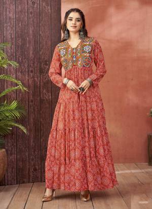 Atrective These Beautiful Looking Navratri Collection Readymade Long Gown.These Gown is Fabricated On Faux Georgette.Its Beautified With Designer Bandhani Printed With Kutchi Work.