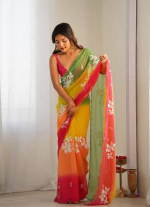 Looking These Party Wear Saree in Fine Dual Shaded Colored.These Saree Are Georgette And Blouse is Ultra Satin Fabricated.Its Beautified With Pedding Color Printed With Designer Sequance Embroidery Work.