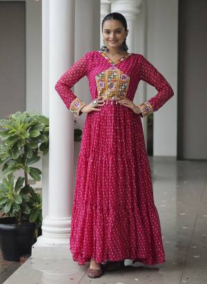Attractive These Beautiful Looking Free Size Stitched Long Gown.These Gown is Fabricated On Faux Georgette.Its Beautified With Bandhani Printed Designer With Kutchi Patch Work.