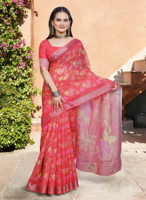 Look These Fastive Saree in Fine Colored.These Saree Are Linen Cotton And Blouse is Fabricated On Linen Cotton Pair.Its Beautified With Wevon Jari Border With Designer Digital Printed.