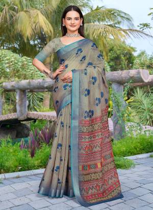 Look These Fastive Saree in Fine Colored.These Saree Are Linen Cotton And Blouse is Fabricated On Linen Cotton Pair.Its Beautified With Wevon Jari Border With Designer Digital Printed.