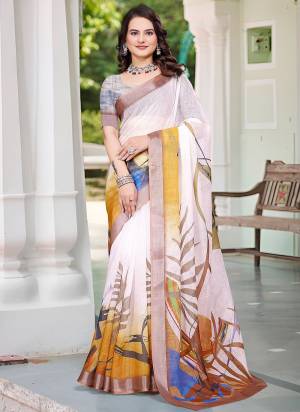 Attrective These Fastive Saree in Fine Colored.These Saree Are Linen Cotton And Blouse is Fabricated On Linen Cotton Pair.Its Beautified With Wevon Jari Border With Designer Digital Printed.