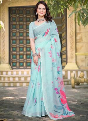 Attrective These Fastive Saree in Fine Colored.These Saree Are Linen Cotton And Blouse is Fabricated On Linen Cotton Pair.Its Beautified With Wevon Jari Border With Designer Digital Printed.