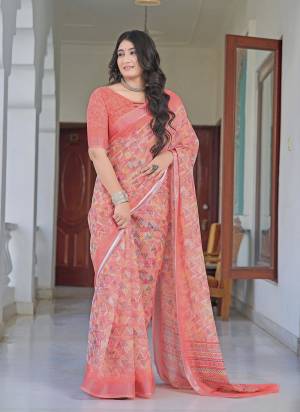 Garb These Fastive Saree in Fine Colored.These Saree Are Linen Cotton And Blouse is Fabricated On Linen Cotton Pair.Its Beautified With Wevon Jari Border With Designer Digital Printed.