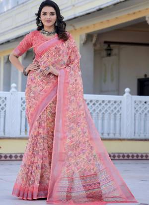 Garb These Fastive Saree in Fine Colored.These Saree Are Linen Cotton And Blouse is Fabricated On Linen Cotton Pair.Its Beautified With Wevon Jari Border With Designer Digital Printed.