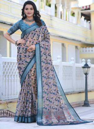 Garb These Fastive Saree in Fine Colored.These Saree Are Linen Cotton And Blouse is Fabricated On Linen Cotton Pair.Its Beautified With Wevon Jari Border With Designer Digital Printed.
