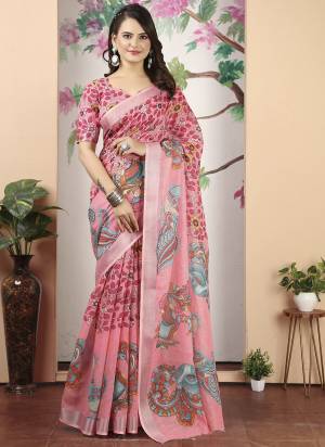 Attractive These Fastive Saree in Fine Colored.These Saree Are Linen Cotton And Blouse is Fabricated On Linen Cotton Pair.Its Beautified With Wevon Jari Border Designer With Digital Printed.