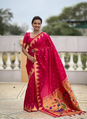 Looking These Party Wear Saree in Fine Colored.These Saree And Blouse is Fabricated On Paithani Silk.Its Beautified With Weaving Meenakari Pallu Jacquard Designer.