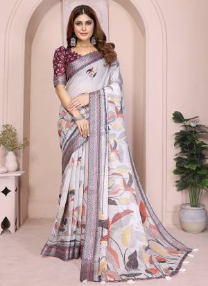 Looking These Party Wear Saree in Fine Colored.These Saree And Blouse is Fabricated On Linen Cotton.Its Beautified With Woven Silver Border Designer With Digital Printed.