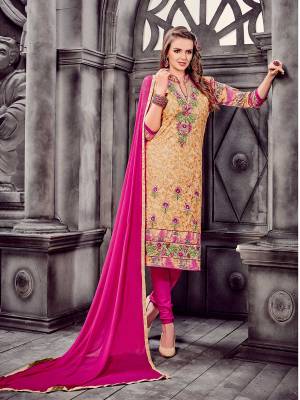 Elegance Has A Charming Spell Of Its Own And This Design Writes An Era Of Simplistic Elegance. This Lovely Salwar Suit Is Fabricated In Glass Cotton  And Set In The Light Orange Color Scheme With Rani Pink Dupatta & Bottom.