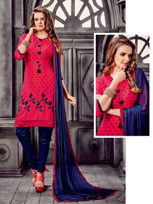 Elegance Has A Charming Spell Of Its Own And This Design Writes An Era Of Simplistic Elegance. This Lovely Salwar Suit Is Fabricated In Glass Cotton  And Set In The Coral Red Color Scheme With Navy Blue Dupatta & Bottom.