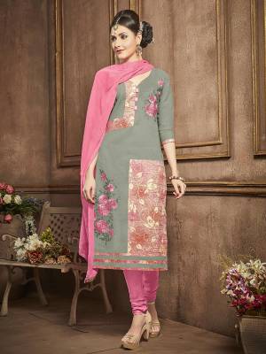 A Very Sophisticated And Elegant Colored Suit Is Here Just For You. This Dress Material Has Grey Colored Top Paired With Pink Colored Bottom And Dupatta. This Suit Is Fabricated On Cotton Which Ensures Superb Comfort All Day Long.