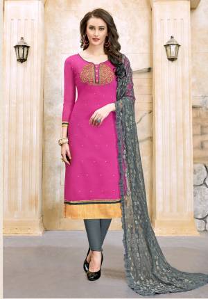 If Those Readymade Suits Does not Lend You The Desired Comfort Than Grab This Dress Material In Pink Color Paired With Contrasting Grey Colored Bottom and Dupatta. Its top Is Fabricated On Modal Cotton Paired With Cotton Bottom And Net Dupatta. Its All Three fabrics Are Light In Light In Weight, Get This Stitched As Per Your Desired Fit And Comfort.