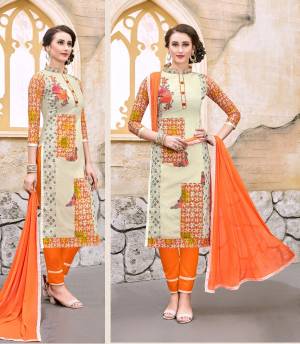 For Your Daily Wear, Here Is A Simple Dress Material In White Color Paired With Orange Colored Bottom And Dupatta. Its Top Is Fabricated On Modal Cotton Paired With Cotton Bottom And Chiffon Dupatta. Get This Stitched As Per Your Casual Comfort For Your Daily Wear.