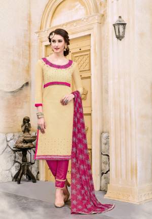 Simple And Elegant Looking Dress Material Is Here With This Cream Colored top Paired With Dark Pink Colored Bottom And Dupatta. Its Top Is Fabricated On Modal Cotton Paired With Cotton Bottom And Chiffon Dupatta. It Is Light Weigt And Easy To Carry All Day Long.