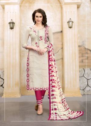 For Your Semi-Casual Wear, Grab This Dress Material In Off-White Color Paired With Magenta Pink colored Bottom and Off-White Dupatta. This Dress Material Is Fabricated On  Cotton Paired With Chiffon Dupatta. Buy Now.