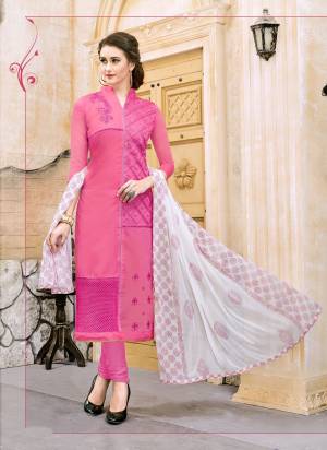 Go With This Trends Of The Season With This Straight Cut Suit In Pink Color Paired With Pink Colored Bottom And White Colored Dupatta. This Dress Material Is Fabricated On Cotton Paired With Chiffon Dupatta. Buy It Now.