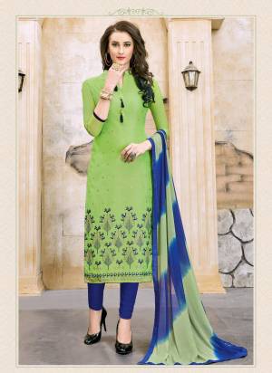 Cool Color Pallete Is Here With This Dress Material In Green Color Paired With Contrasting Blue Colored Bottom And Blue & Green Shaded Dupatta. This Dress Material Is Fabricated On Cotton Paired With Chiffon Dupatta. Its Fabrics Ensures Superb Comfort All Day Long. Buy Now.