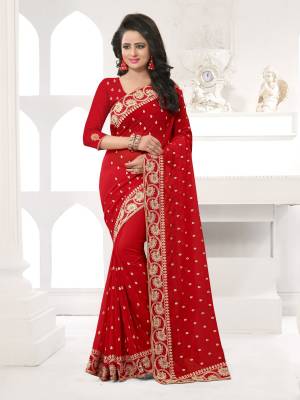 Featuring An Eye Catching design with This Beautiful Designer Saree In Red Color Paired With Red Colored Blouse. This Saree And Blouse are Fabricated On Georgette Beautified With Attractive Embroidery. This Pretty Design Is Available In Many Colors.