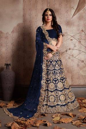 Navy Blue velvet lengha choli with zari embroidery and mirror work all over. It is paired with a Navy Blue net cutwork dupatta with mirror work.