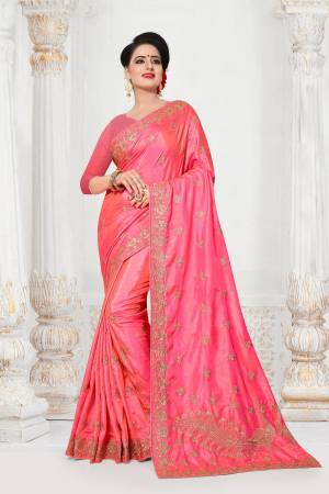 Look Pretty In this Lovely Pink Colored Saree Paired With Pink Colored Blouse. This Saree And Blouse Are fabricated On Art Silk Beautified With Jari Embroidery With Stone Work. 