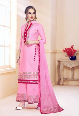 Look Pretty Wearing This Designer Straight Suit In Pink color Paired With Pink Colored Bottom And Dupatta. Its Top And Bottom Are Fabricated On Cotton Paired With Chiffon Dupatta. Buy This Dress Material Now.