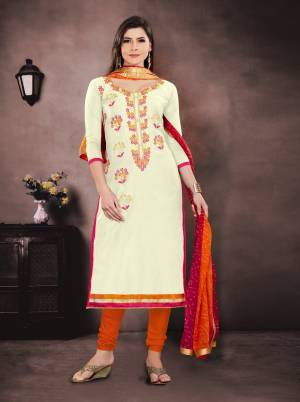 Simple And Elegant Looking Dress Material Is Here For Your Semi-Casual Wear In Cream Colored Top Paired With Orange Colored Bottom And Dupatta. Its Top Is Chanderi Based Paired With Santoon Bottom And Chiffon Dupatta. Buy Now.