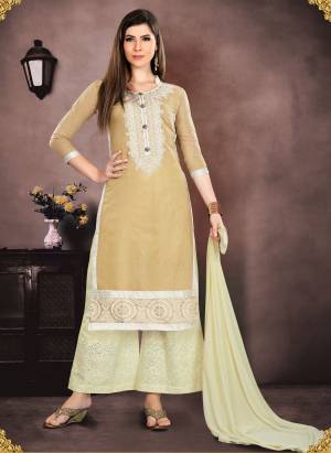 Simple And Elegant Looking Suit Is Here In Beige Color Paired With Cream Colored Dupatta. Its Top Is Cotton Based Paired With Cotton Bottom And Chiffon Dupatta. Get This Stitched As Per Your Desired Fit And Comfort.