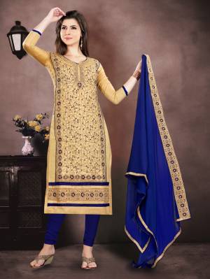 Elegant And Attractive, Both At The Same Time With This Beautiful Designer Suit In Beige Colored Top Paired With Royal Blue Colored Bottom and Dupatta. Its Top Is Fabricated Chanderi Paired With Santoon Bottom And Chiffon Dupatta. Buy Now.