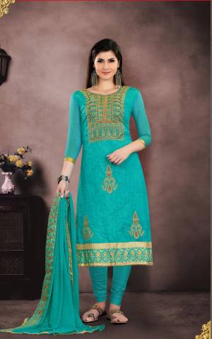 Celebrate This Festive Season With Beauty And Comfort Wearing This Designer Straight Suit In Tuquoise Blue Color Paired With Turquoise Blue Colored Bottom And Dupatta. Its Top Is Fabricated On Chanderi Paired With Santoon Bottom And Chiffon Dupatta. All Its Fabric Are Durable and Easy To Care For.