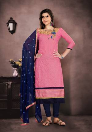 Look Pretty Wearing This Designer Straight Suit In Pink Color Paired With Contrasting Navy Blue Colored Bottom And Dupatta. Its Top Is Fabricated On Chanderi Paired With Santoon Bottom And Chiffon Dupatta. 