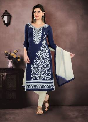 Enhance Your Personality Wearing This Designer Straight Suit In Navy Blue Colored Top Paired With White Colored Bottom And Dupatta. Its Top Is Cotton Based Paired With Cotton Bottom And Chiffon Dupatta. Buy Now.