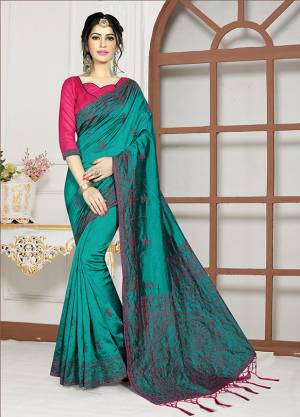 Grab This Beautiful Designer Saree In Blue Color Paired With Contrasting Rani Pink Colored Blouse. This Saree And Blouse Are Fabricated On Art Silk Beautified With Resham Embroidery. Buy Now.